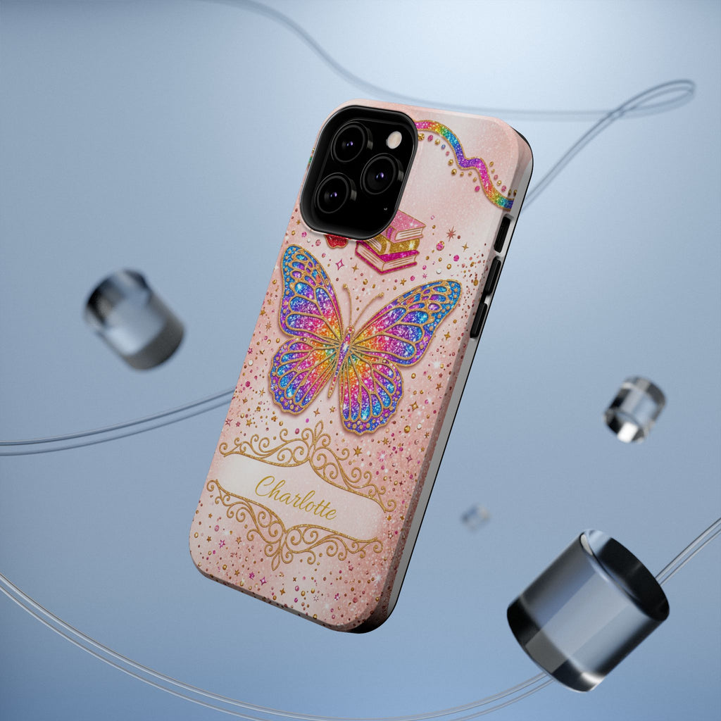 Blush Glitter Butterfly Personalized Teacher Phone Case — Wireless Charging Cover