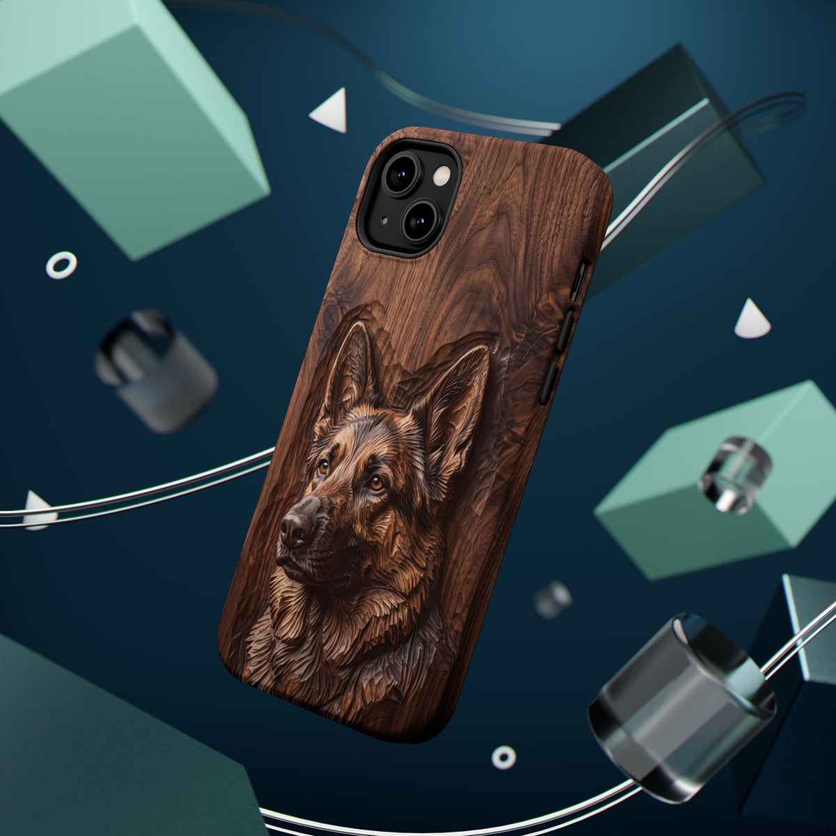 German Shepherd Phone Case | Carved Walnut Art — Tough Magnetic Case with Wireless Charging
