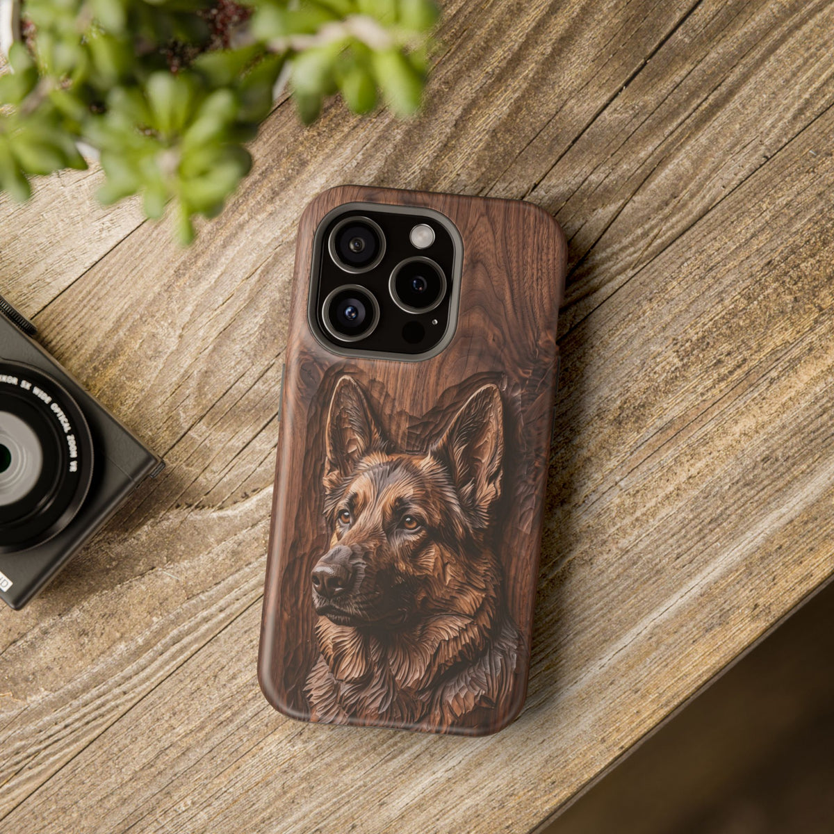 German Shepherd Phone Case | Carved Walnut Art — Tough Magnetic Case with Wireless Charging
