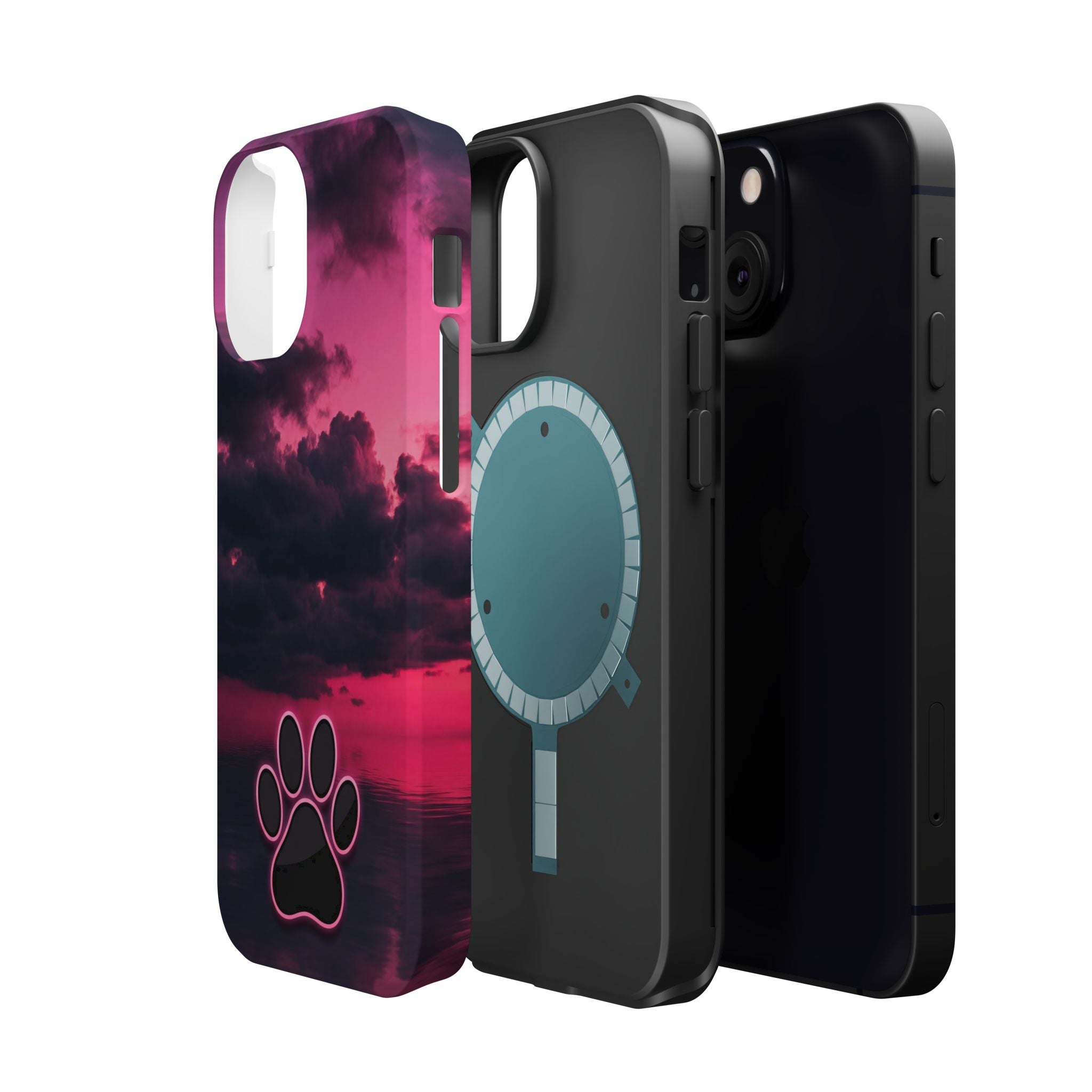 iPhone & Samsung Magnetic Impact-Resistant Phone Case — Pink Twilight Cloud with Paw Print