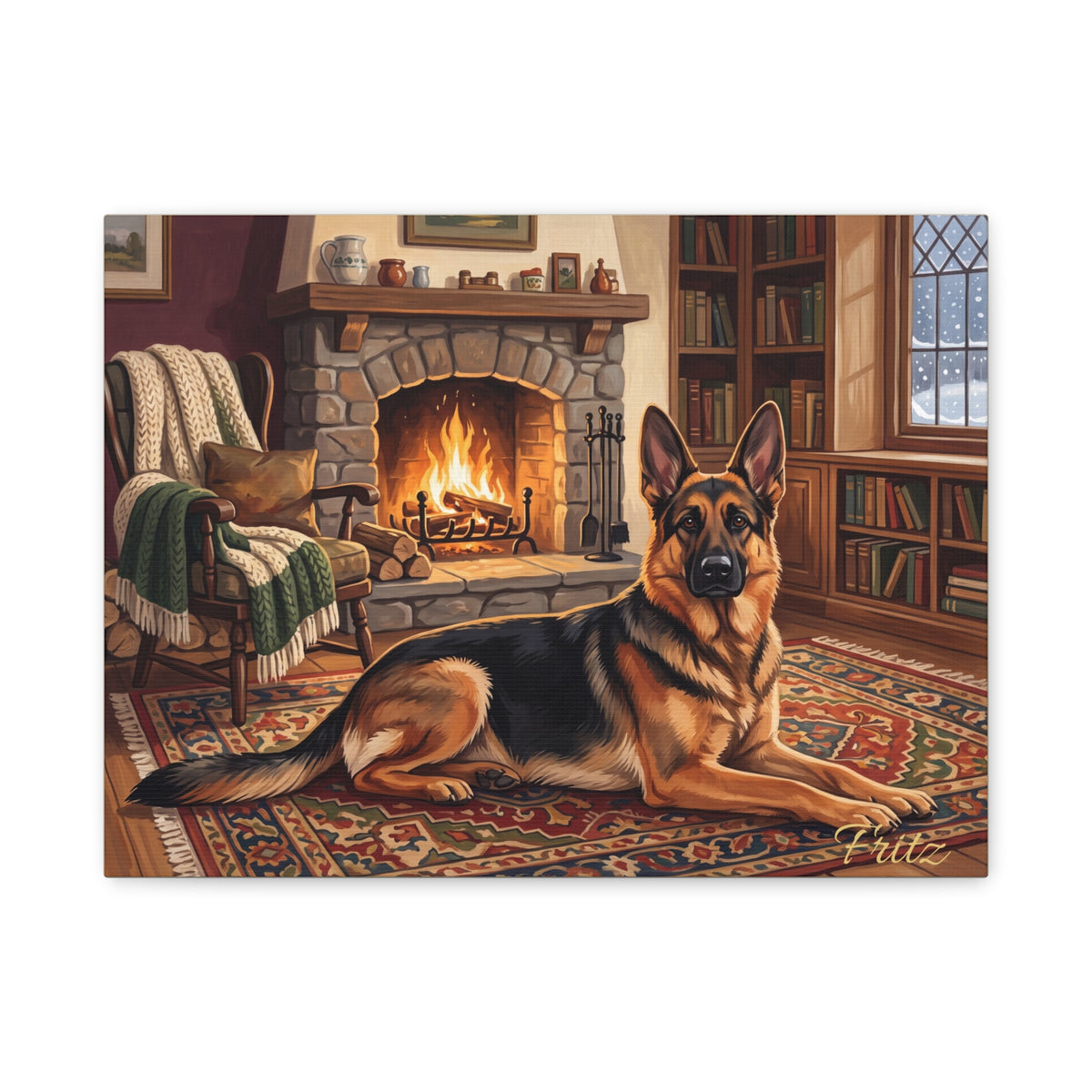 German Shepherd Personalized Canvas | Cozy Fireside Cabin Wall Art