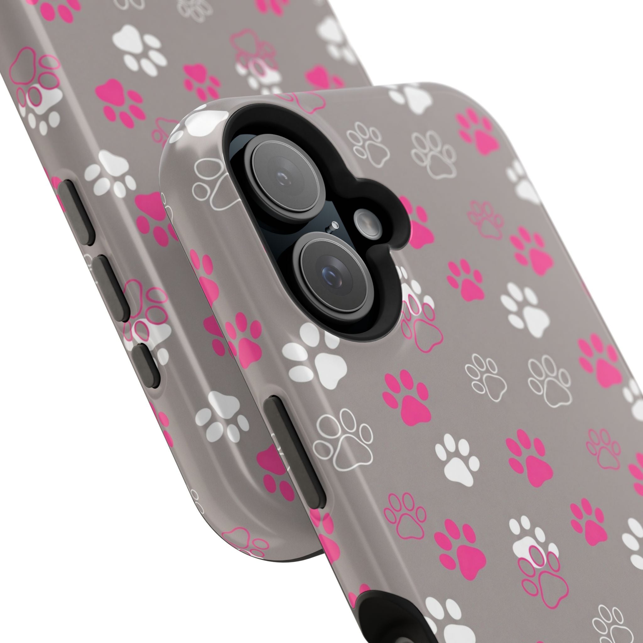 Pink & White Paw Print Phone Case — Impact-Resistant Wireless Charging Cover