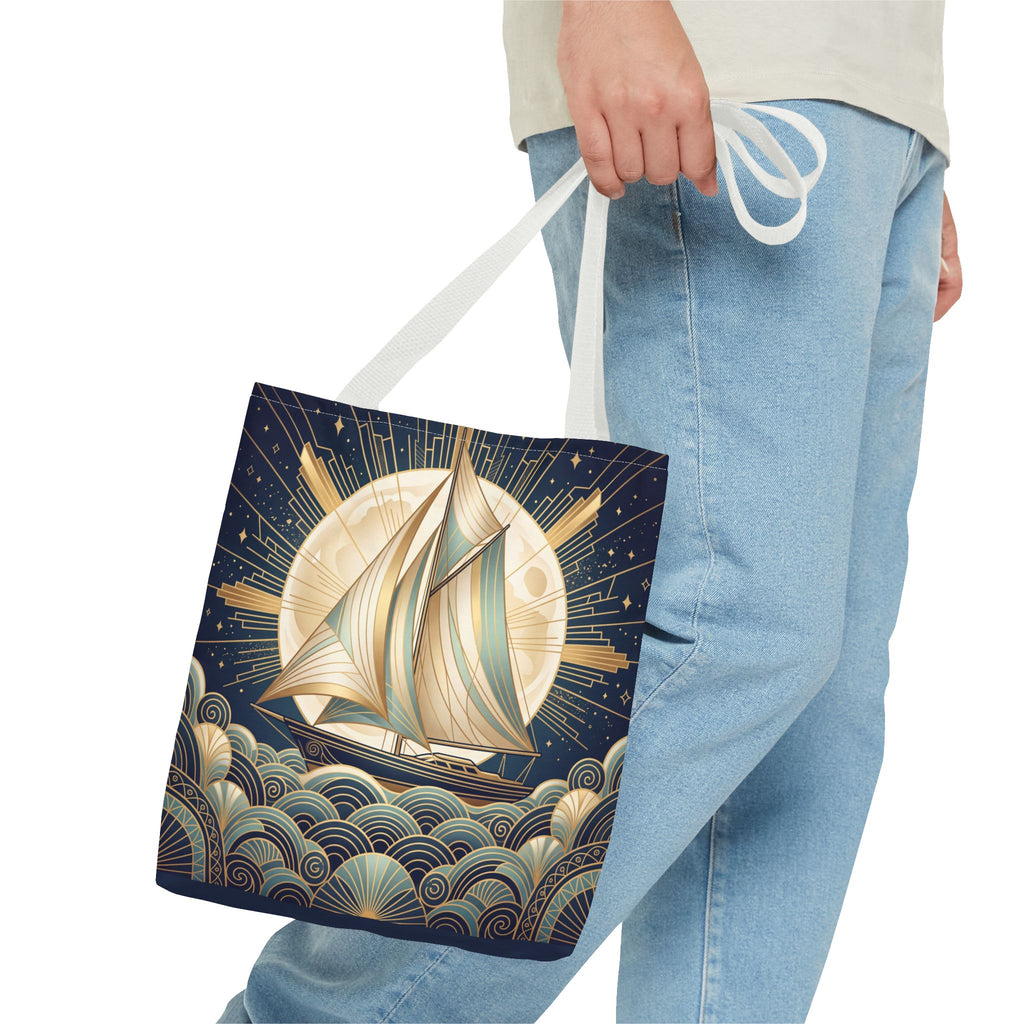 Art Deco Moonlit Sailboat Tote Bag – Starry Night Nautical Beach Bag