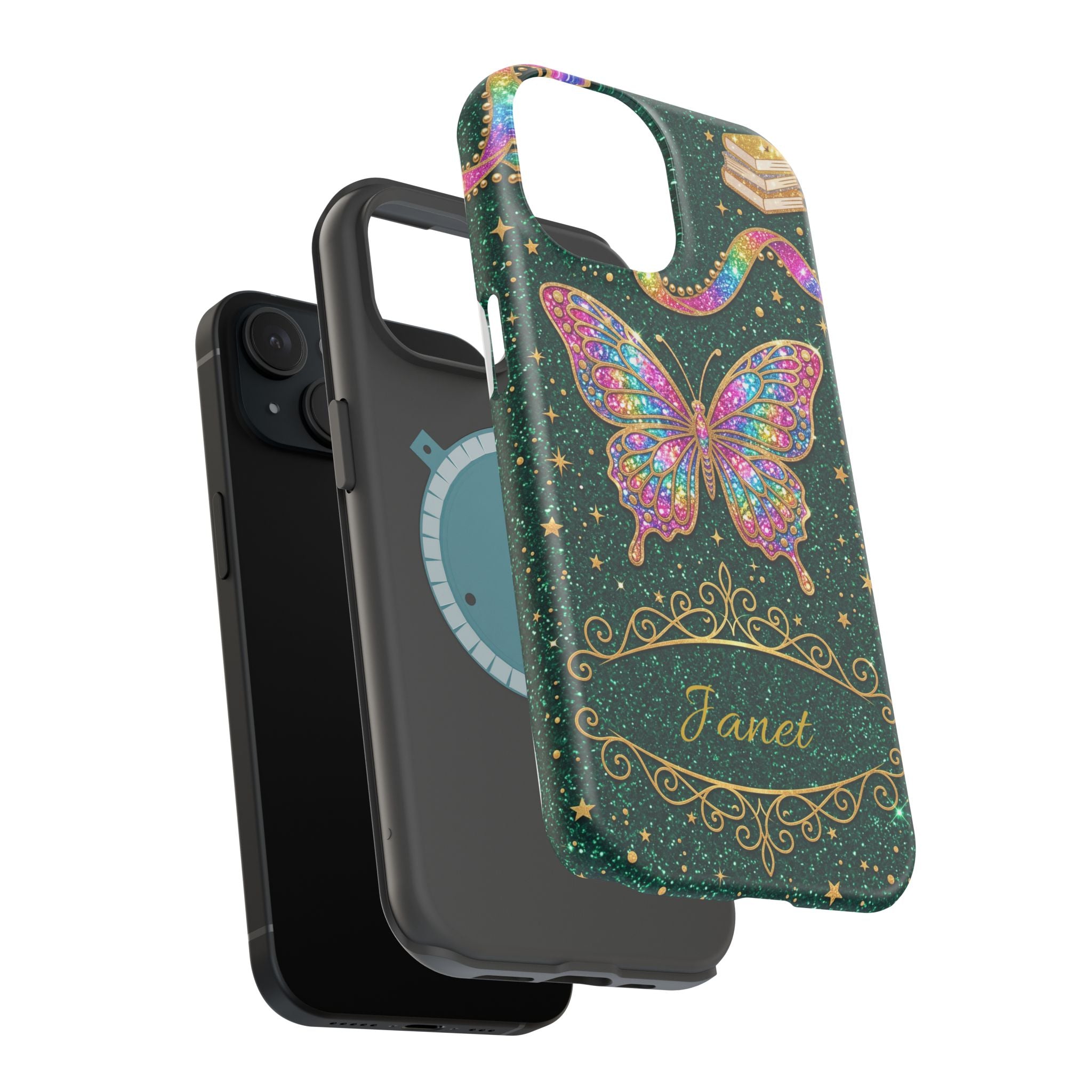 Rainbow Glitter Butterfly Personalized Teacher Phone Case — Wireless Charging Cover