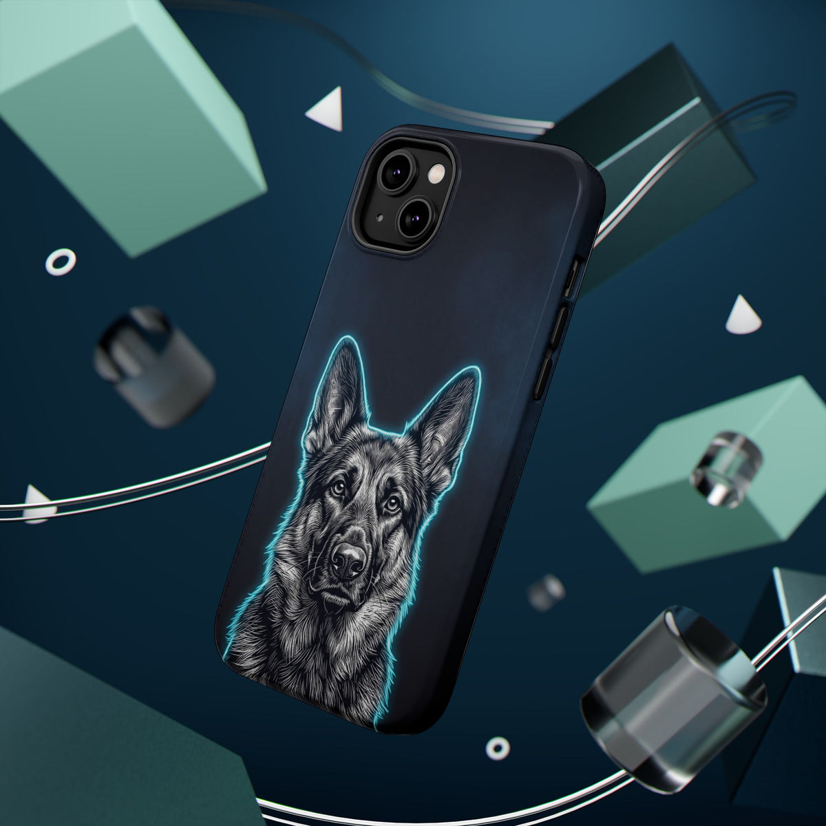 German Shepherd Phone Case | Neon Glow Sketch Art — Tough Magnetic Case with Wireless Charging