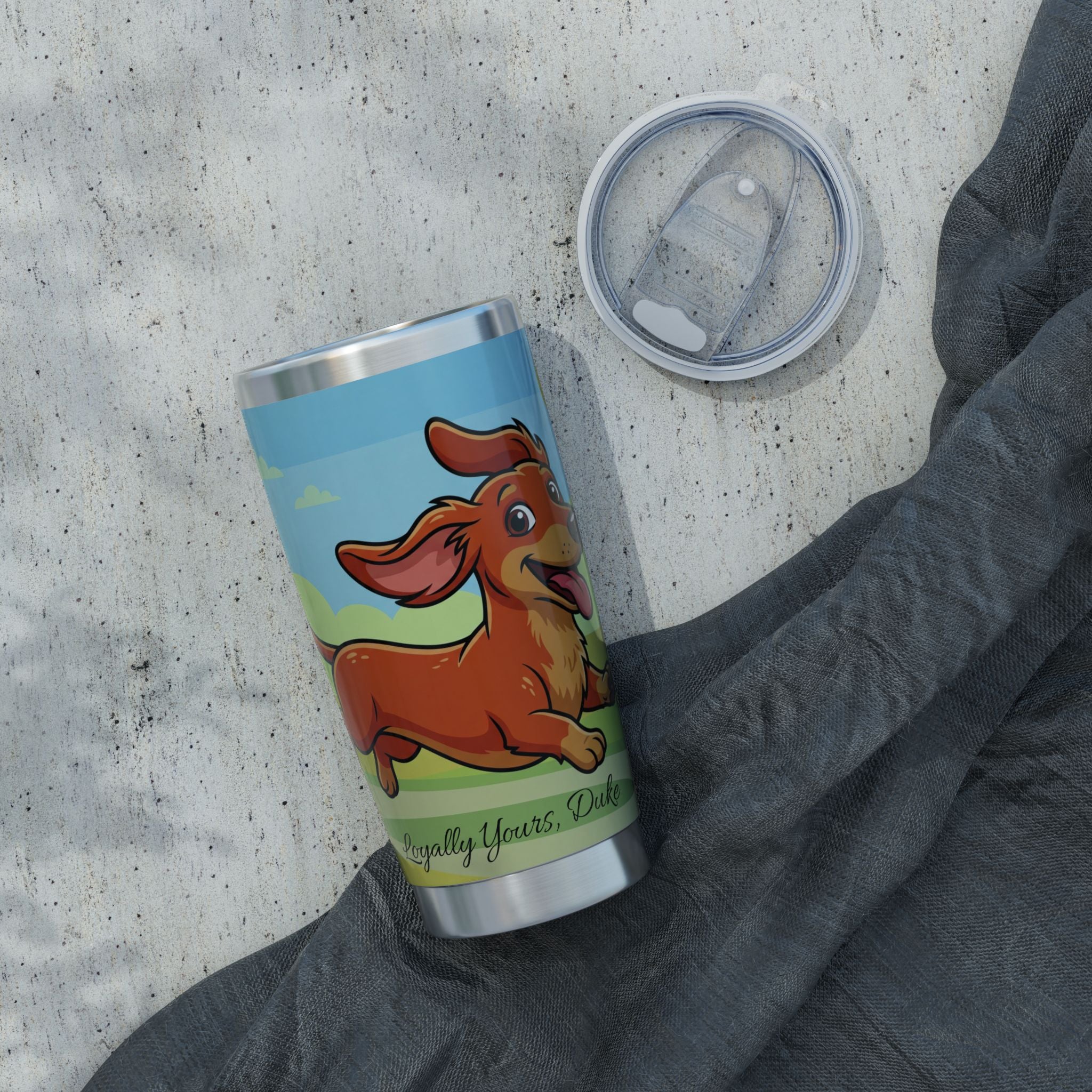 Dachshund Cartoon Stainless Tumbler — 20oz Personalized Travel Mug with Playful Sunny Park Design