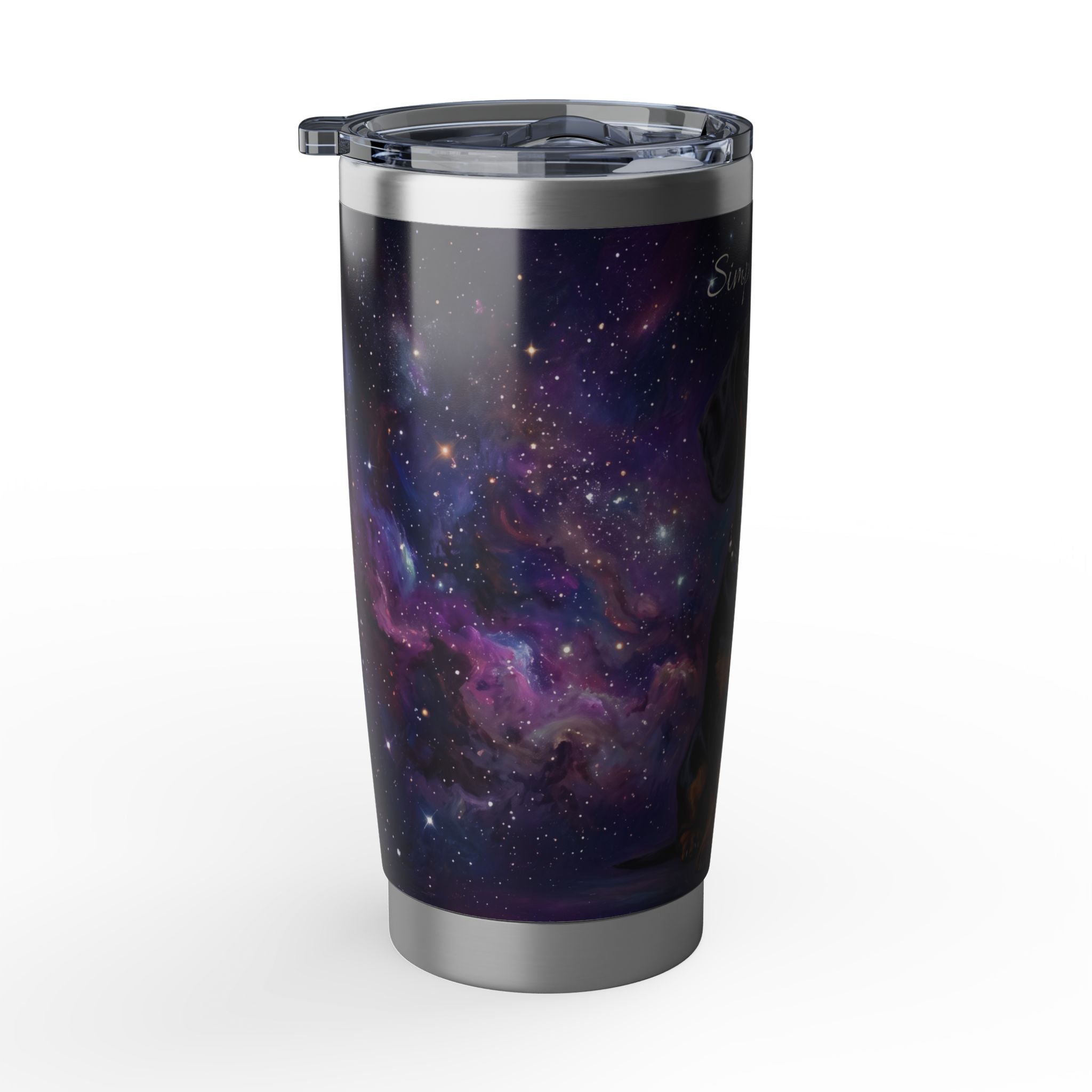 Dachshund Purple Galaxy Stainless Tumbler — 20oz Personalized Travel Mug with Black & Tan Cosmic Design