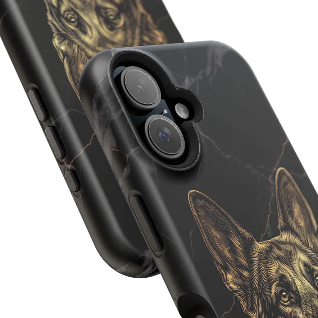 German Shepherd Phone Case | Black Marble Gold Sketch Art — Tough Magnetic Case with Wireless Charging