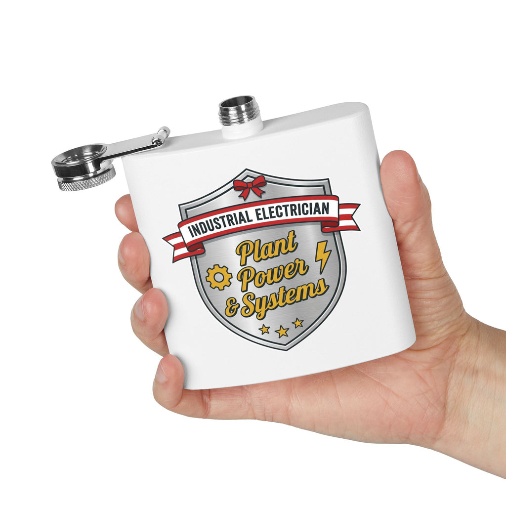 Flask — "Industrial Electrician: Plant Power & Systems" (Shield Badge) 6oz Stainless Steel Hip Flask