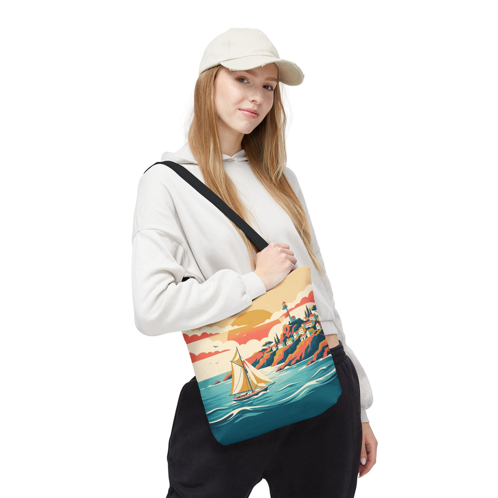 Coastal Lighthouse Sailboat Tote Bag – Retro Seaside Sunset Beach Bag
