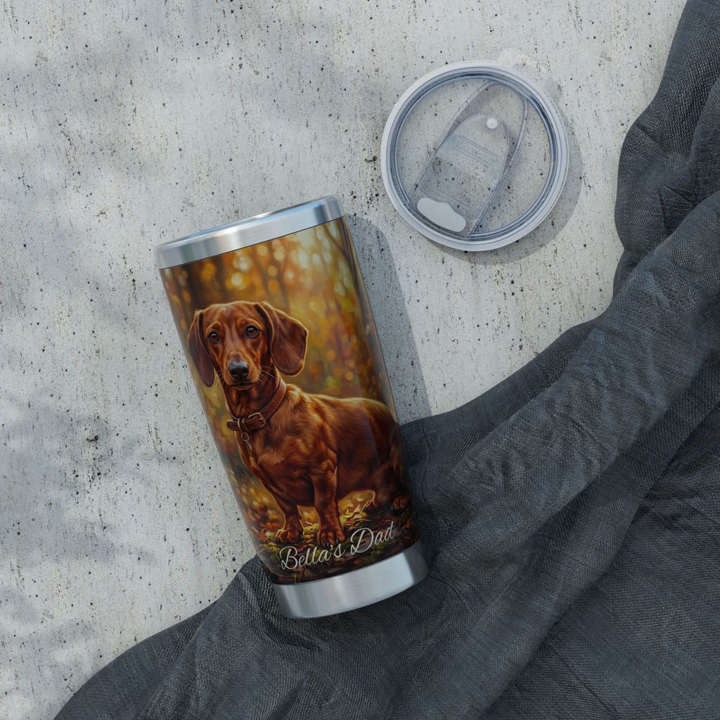 Dachshund Autumn Portrait Stainless Tumbler — 20oz Personalized Travel Mug with Golden Forest Design