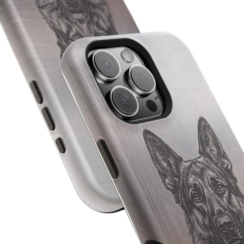 German Shepherd Phone Case | Personalized Etched Silver Art — Tough Magnetic Case with Wireless Charging