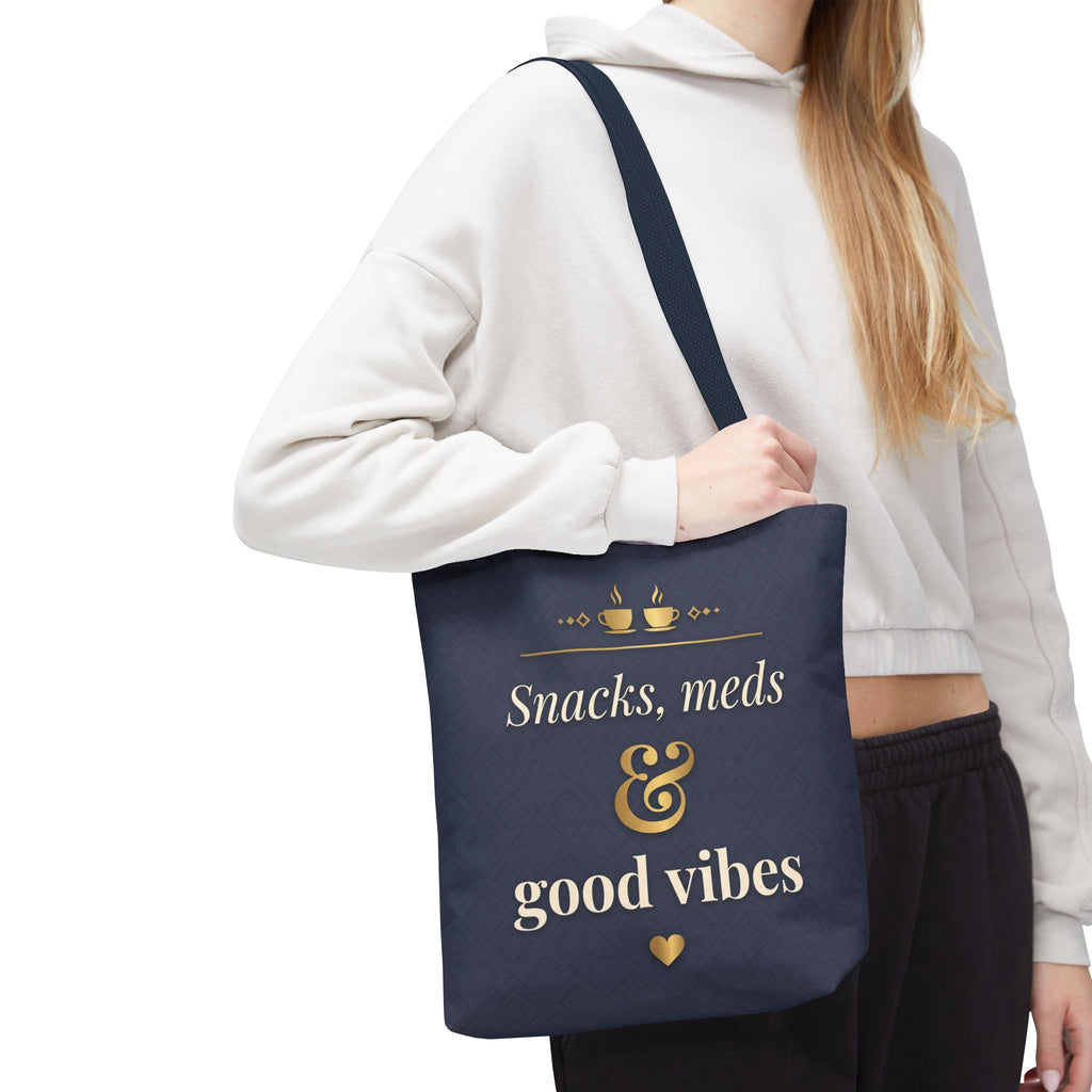 Snacks Meds & Good Vibes Tote | Funny Nurse Gift Tote Bag | Healthcare Worker Humour Gift | Premium Polyester Carry-All