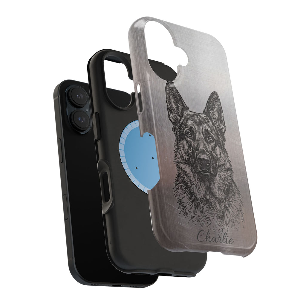 German Shepherd Phone Case | Personalized Etched Silver Art — Tough Magnetic Case with Wireless Charging