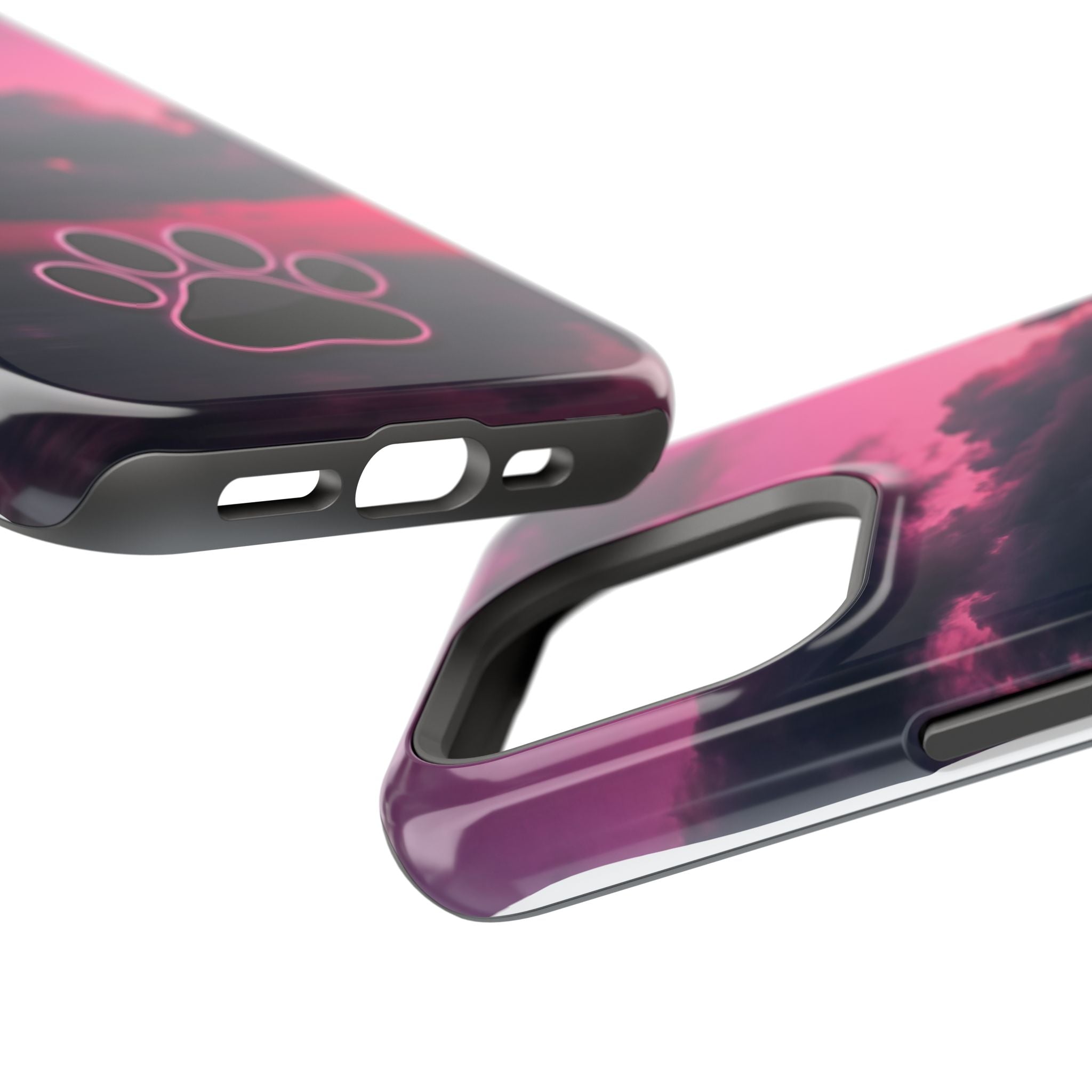 iPhone & Samsung Magnetic Impact-Resistant Phone Case — Pink Twilight Cloud with Paw Print