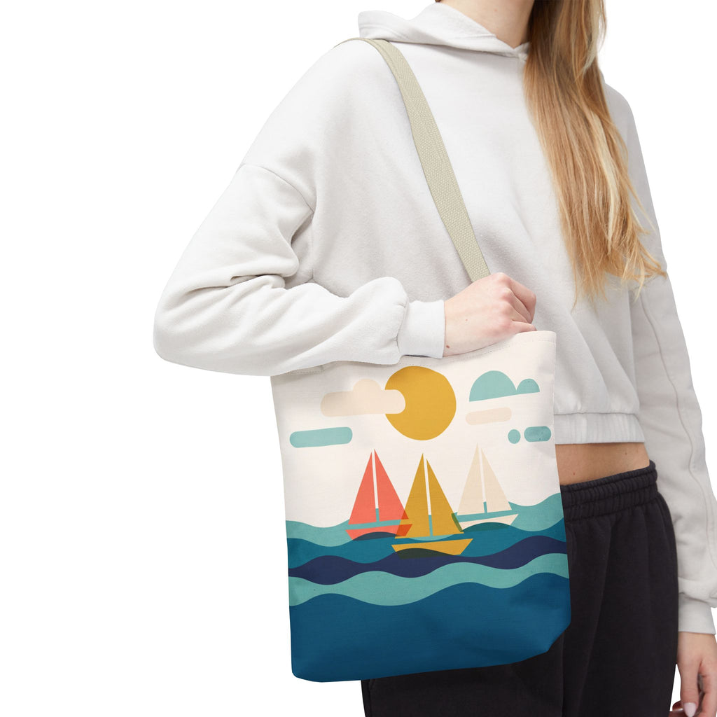 Minimalist Sailboat Tote Bag – Mid-Century Modern Ocean Waves Beach Bag