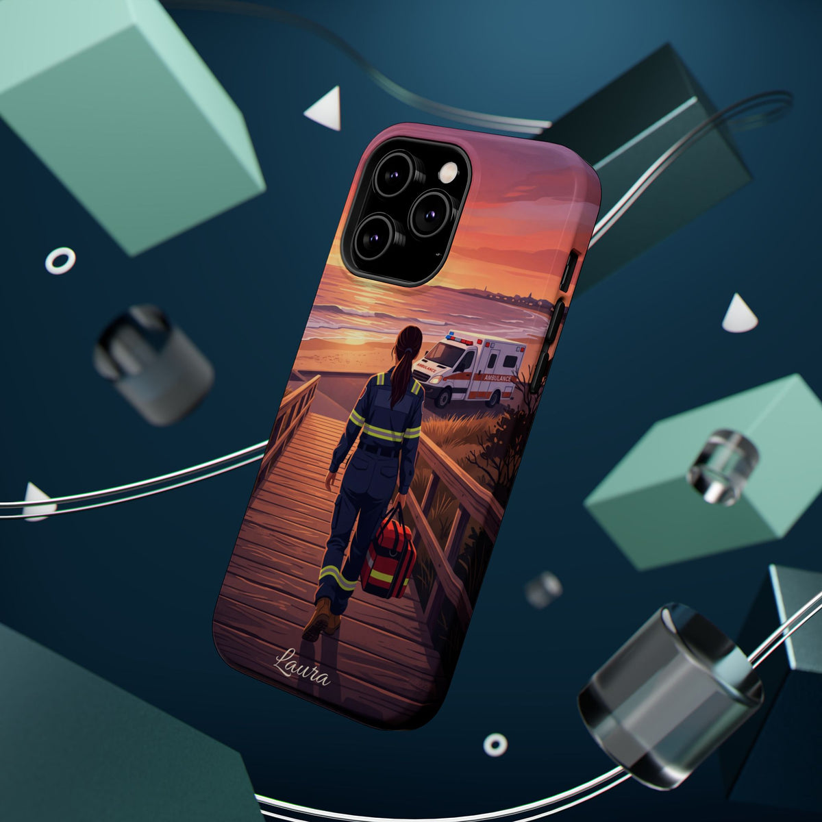 Sunset Boardwalk Personalized Paramedic Phone Case — Wireless Charging Cover