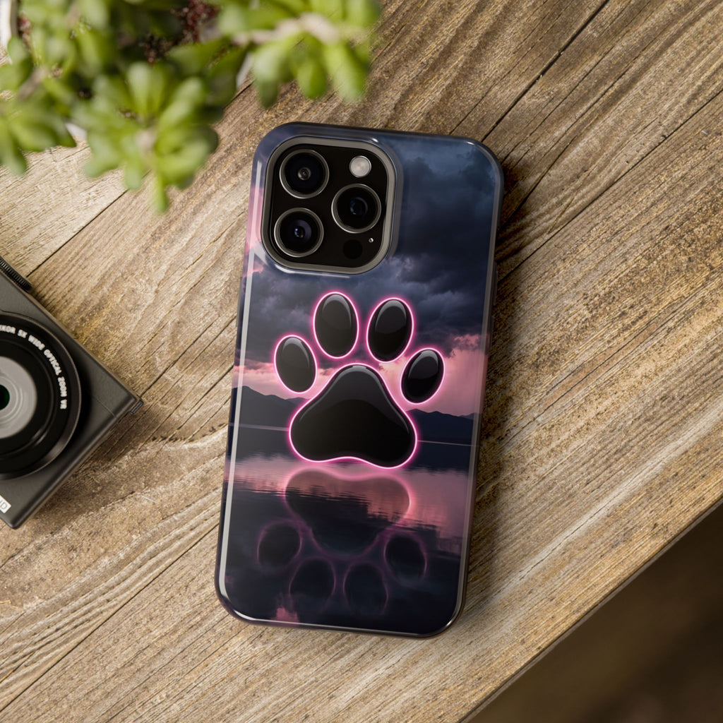 Neon Paw Print Phone Case — Impact-Resistant Wireless Charging Cover