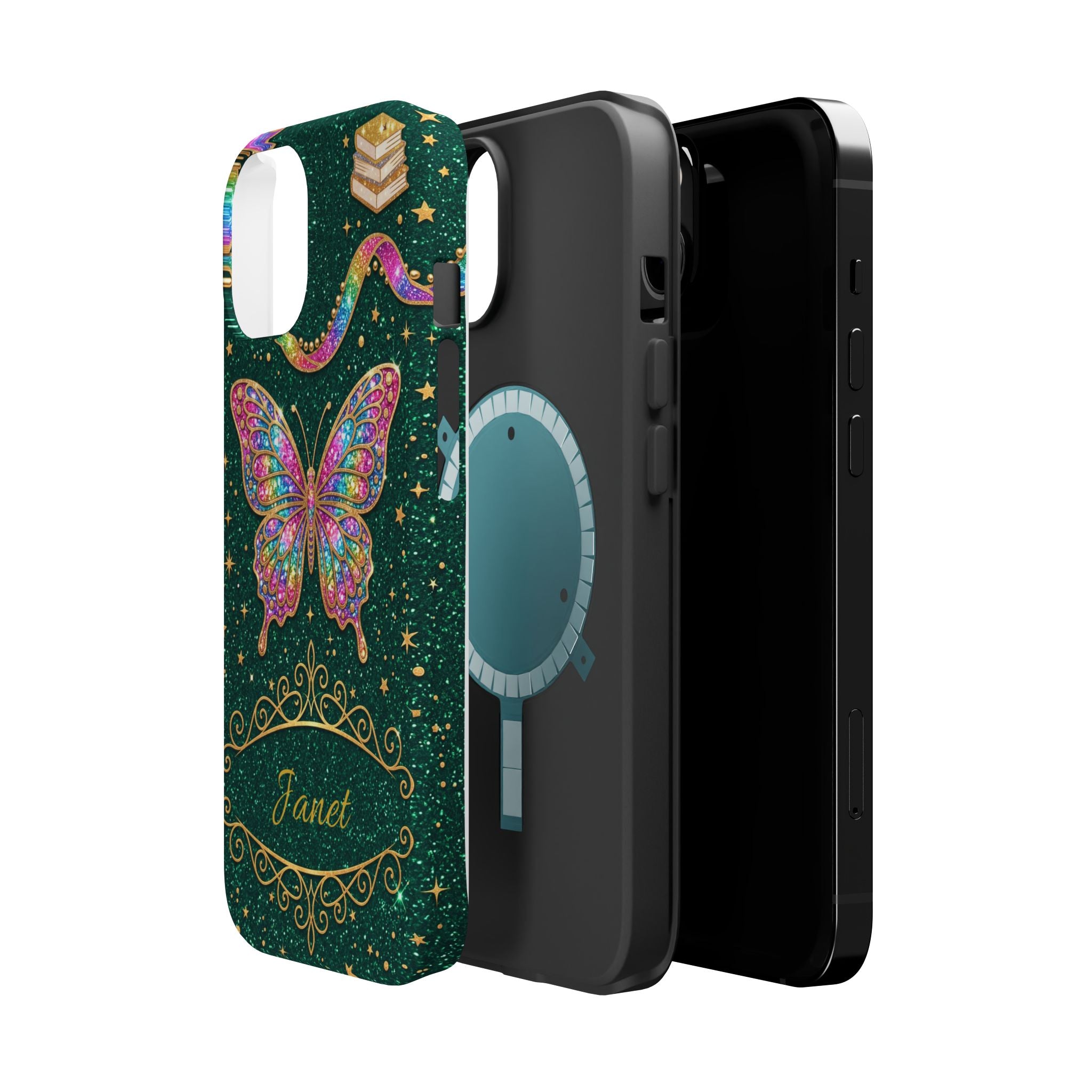 Rainbow Glitter Butterfly Personalized Teacher Phone Case — Wireless Charging Cover