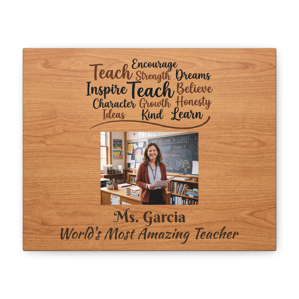 Personalized Teacher Canvas Print — Custom Photo, Name & Message Wood Grain Wall Art