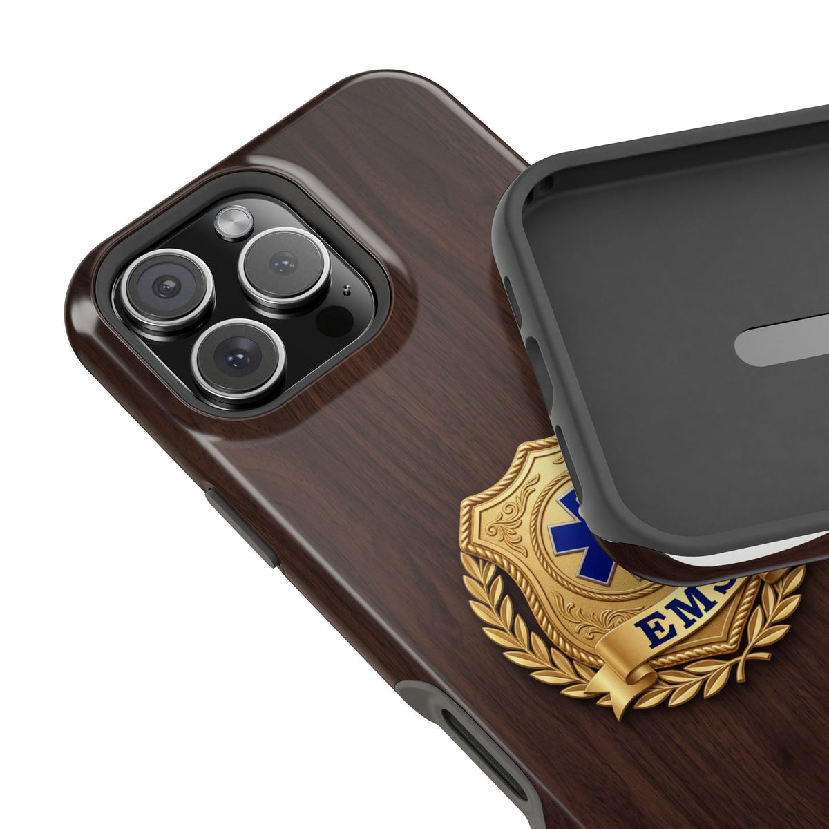 Gold EMS Laurel Badge Wood Phone Case — Magnetic Wireless Charging Cover