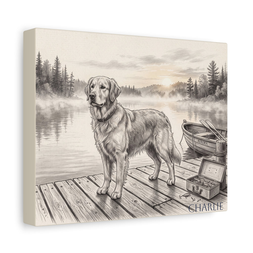 Golden Retriever Lakeside Dock Sketch Personalized Canvas | Misty Lake Wall Art