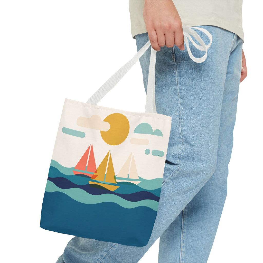 Minimalist Sailboat Tote Bag – Mid-Century Modern Ocean Waves Beach Bag