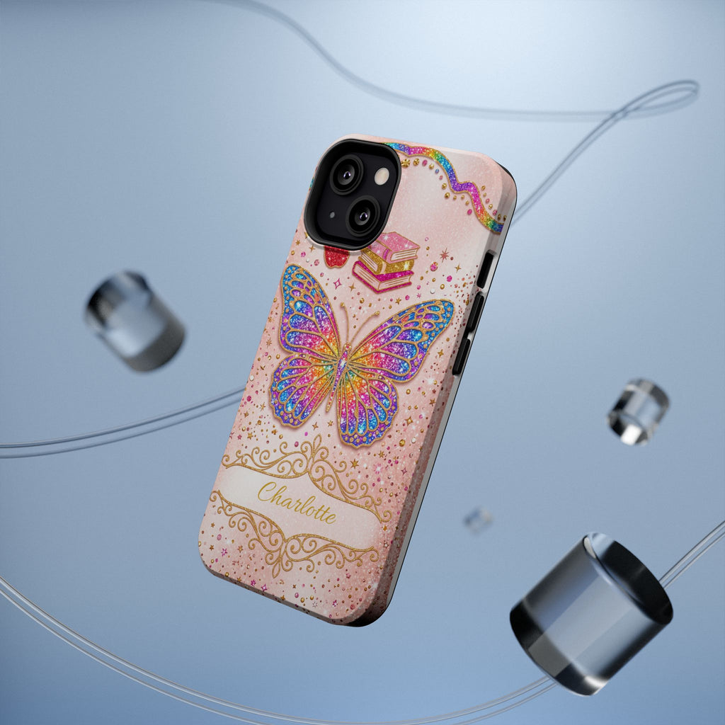 Blush Glitter Butterfly Personalized Teacher Phone Case — Wireless Charging Cover