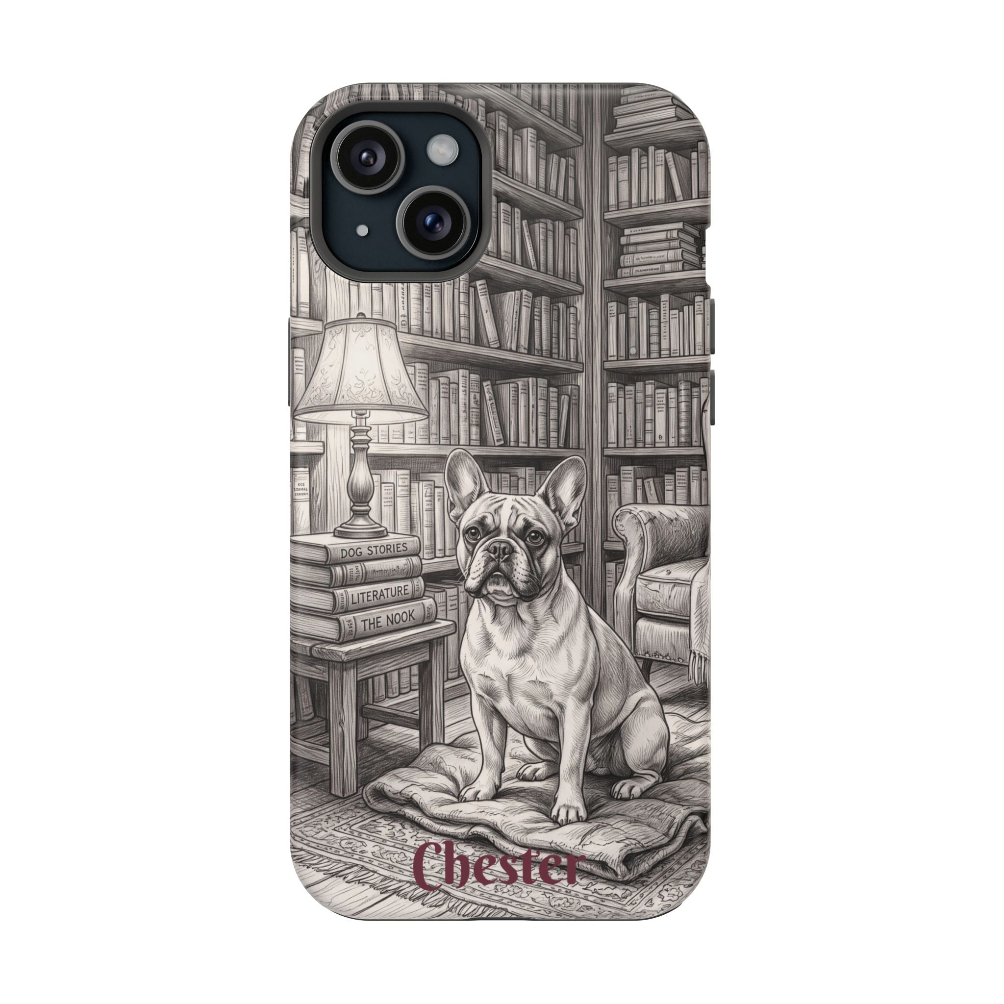 Personalized French Bulldog Library Study Phone Case — Wireless Charging Cover