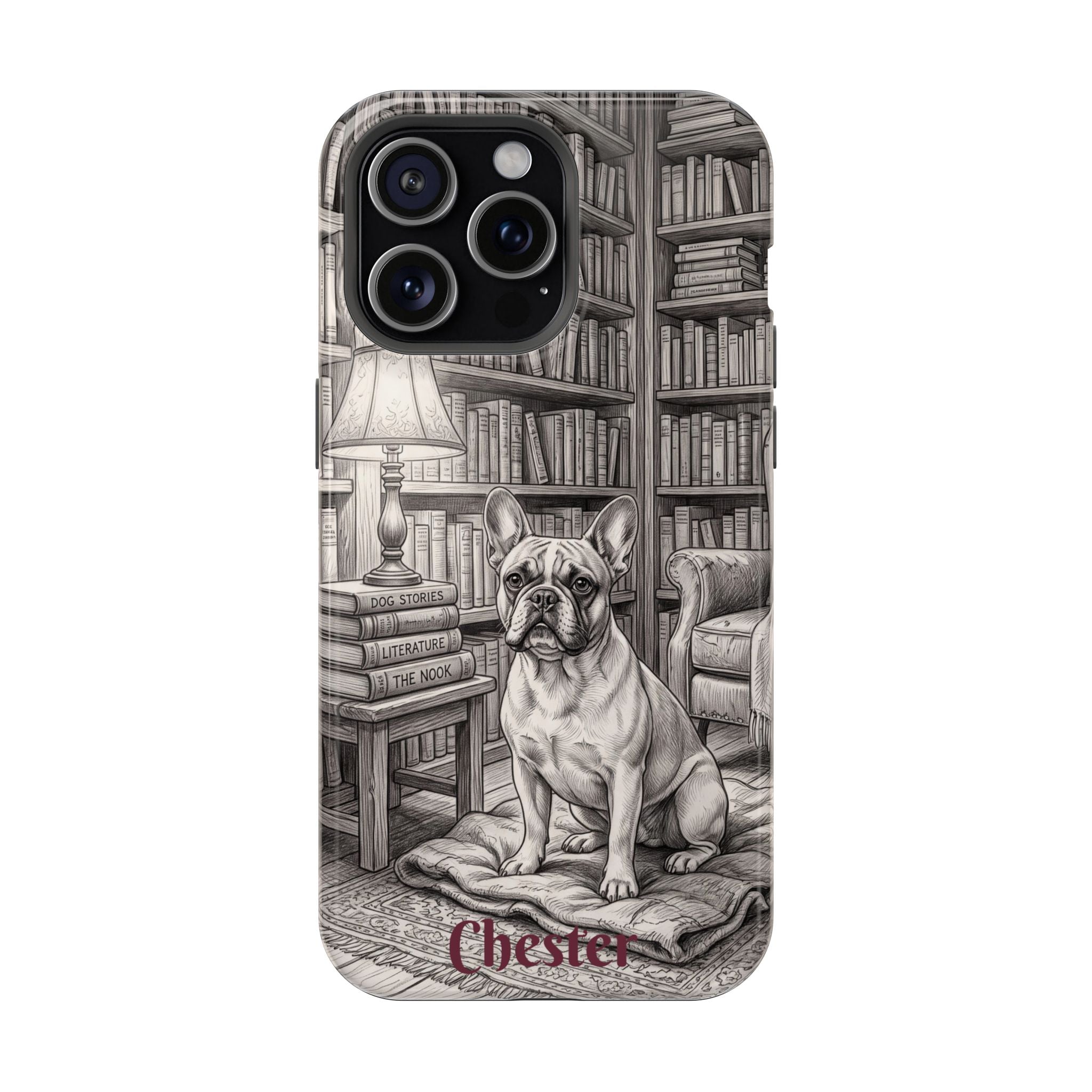 Personalized French Bulldog Library Study Phone Case — Wireless Charging Cover