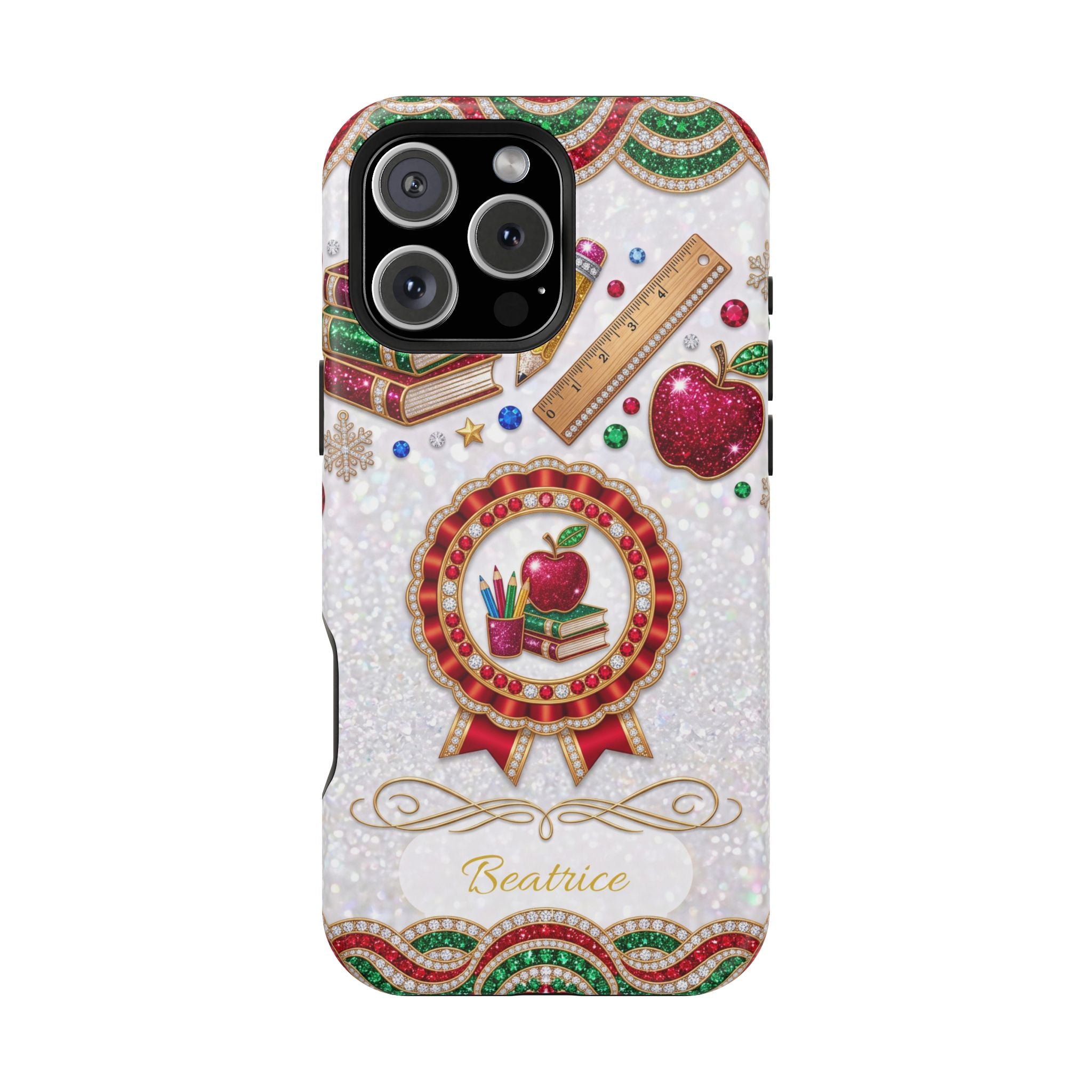 Jeweled Apple Medallion Personalized Teacher Phone Case — Wireless Charging Cover