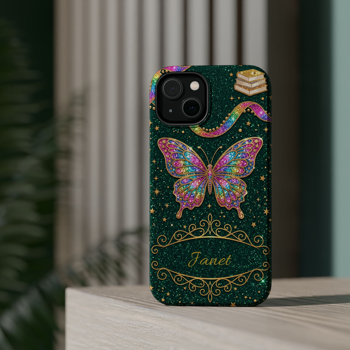 Rainbow Glitter Butterfly Personalized Teacher Phone Case — Wireless Charging Cover