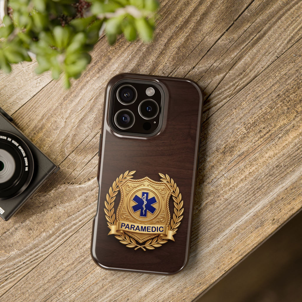 Gold Paramedic Laurel Badge Wood Phone Case — Magnetic Wireless Charging Cover