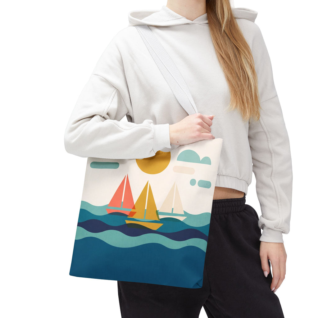 Minimalist Sailboat Tote Bag – Mid-Century Modern Ocean Waves Beach Bag