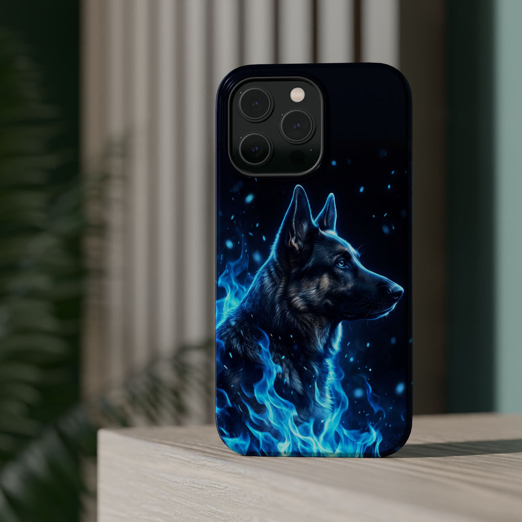 German Shepherd Phone Case | Blue Flame Art — Tough Magnetic Case with Wireless Charging