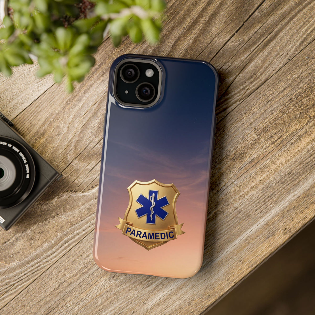 Gold Paramedic Badge Sunset Sky Phone Case — Magnetic Wireless Charging Cover