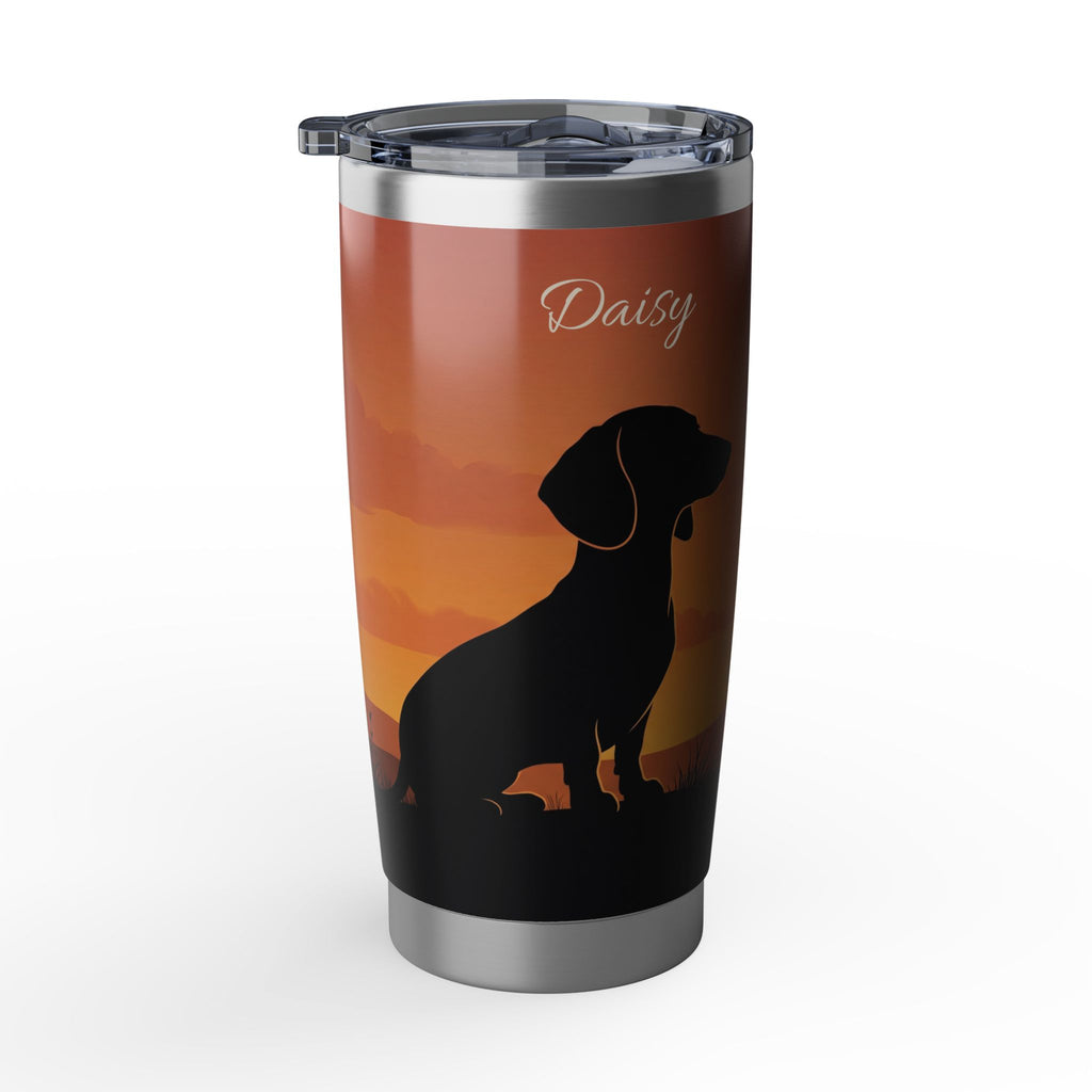 Dachshund Dad Stainless Tumbler — 20 oz Personalized Travel Mug with Sunset Silhouette Design