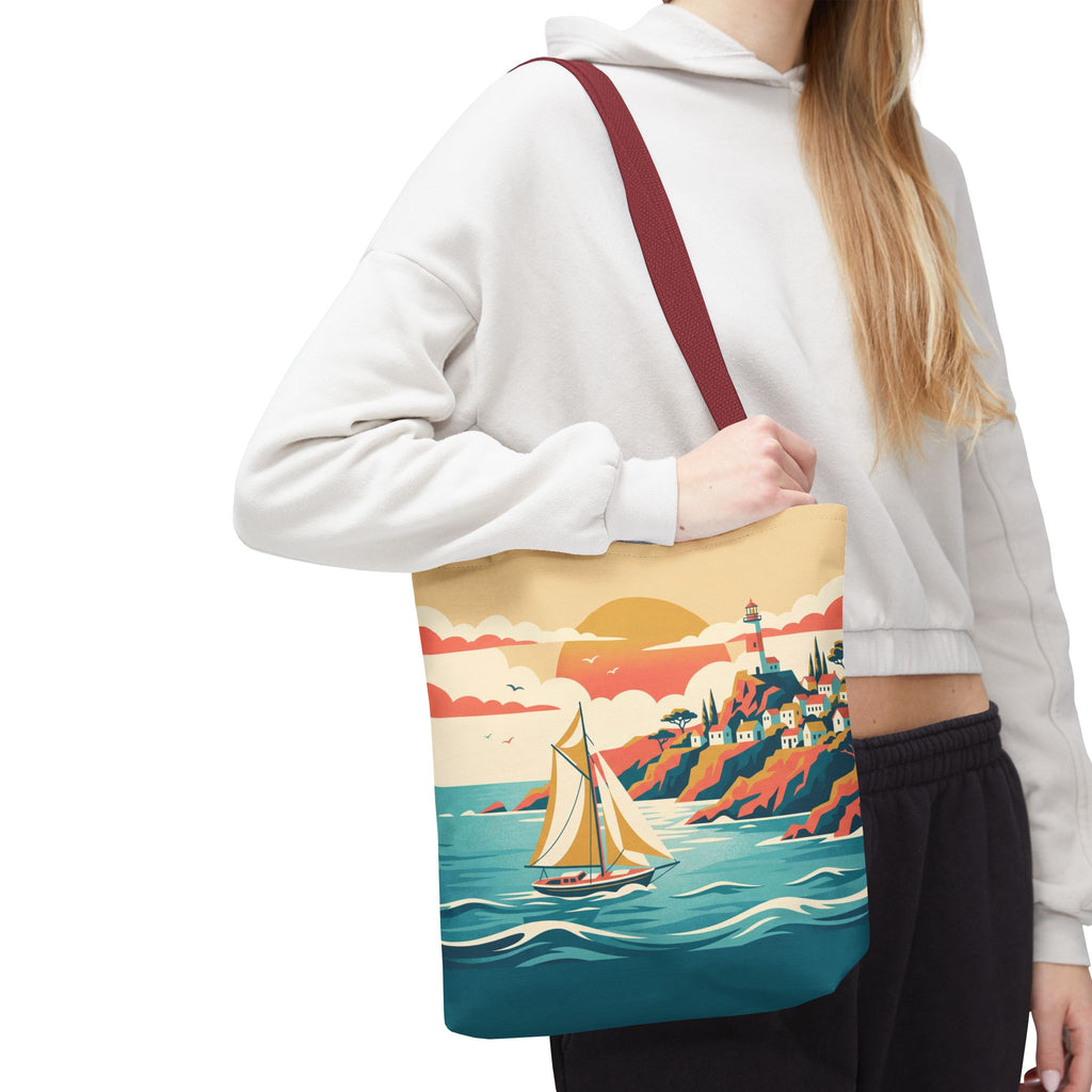 Coastal Lighthouse Sailboat Tote Bag – Retro Seaside Sunset Beach Bag