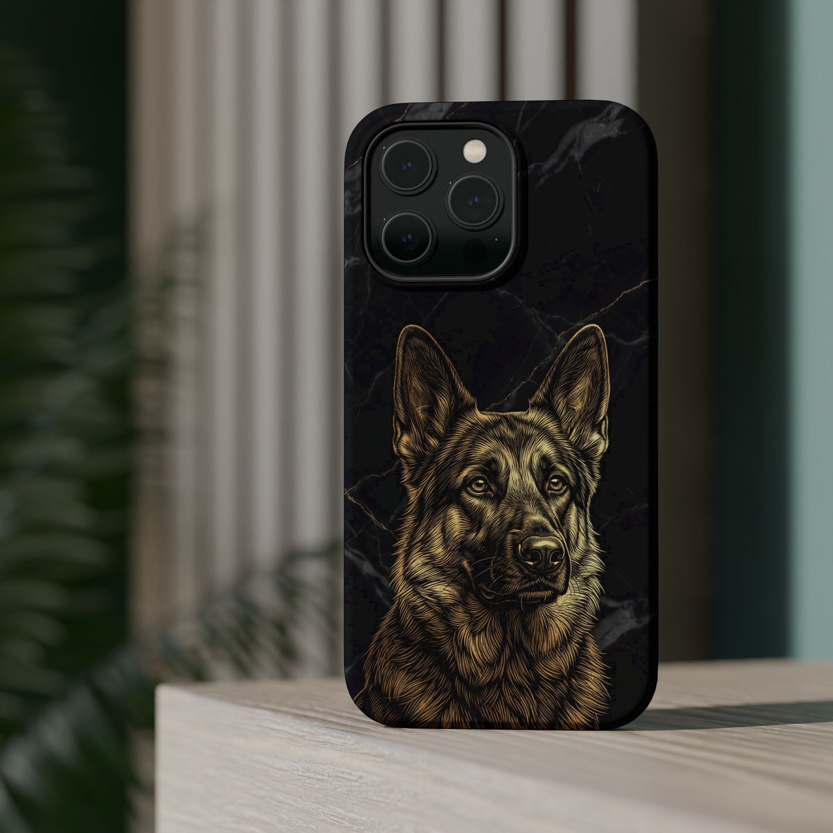 German Shepherd Phone Case | Black Marble Gold Sketch Art — Tough Magnetic Case with Wireless Charging