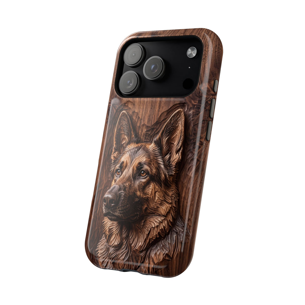 German Shepherd Phone Case | Carved Walnut Art — Tough Magnetic Case with Wireless Charging