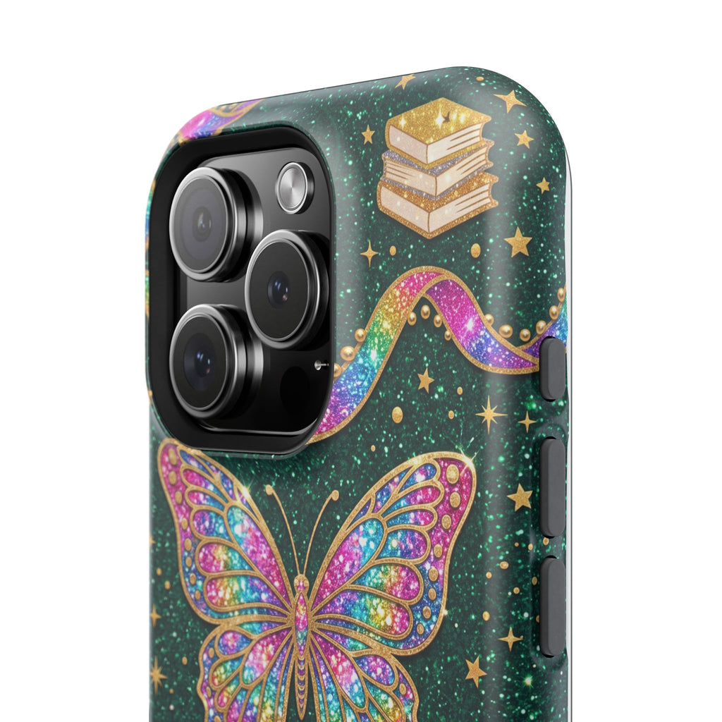 Rainbow Glitter Butterfly Personalized Teacher Phone Case — Wireless Charging Cover