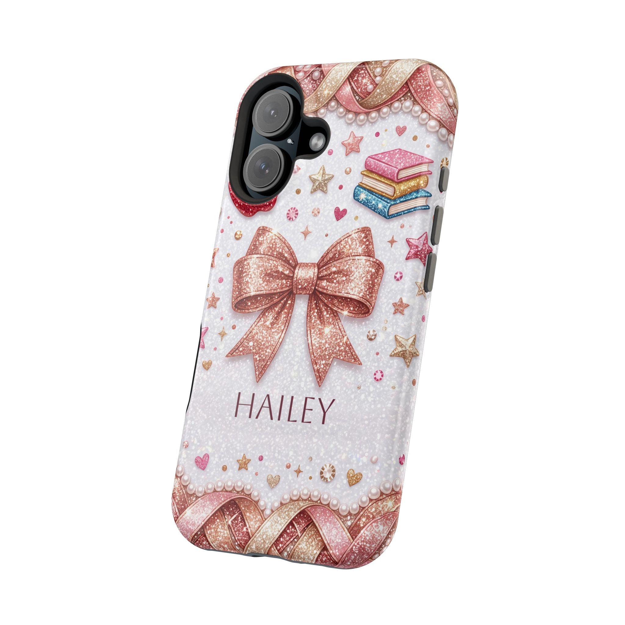 Rose Gold Glitter Bow Personalized Teacher Phone Case — Wireless Charging Cover