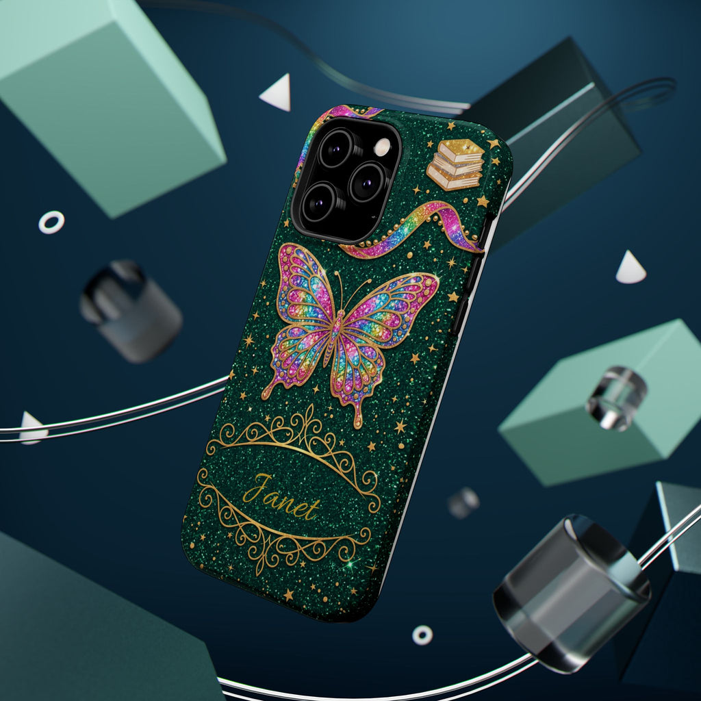 Rainbow Glitter Butterfly Personalized Teacher Phone Case — Wireless Charging Cover