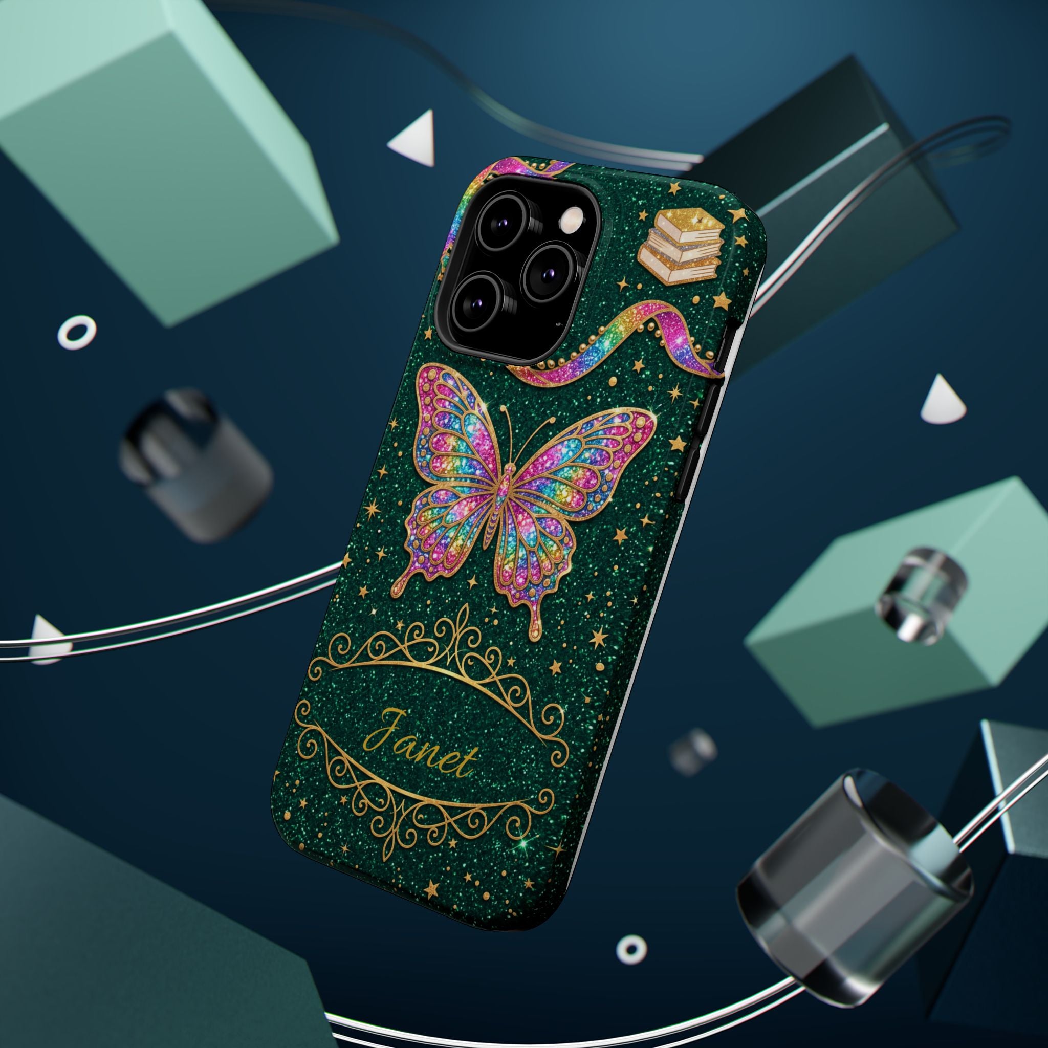 Rainbow Glitter Butterfly Personalized Teacher Phone Case — Wireless Charging Cover