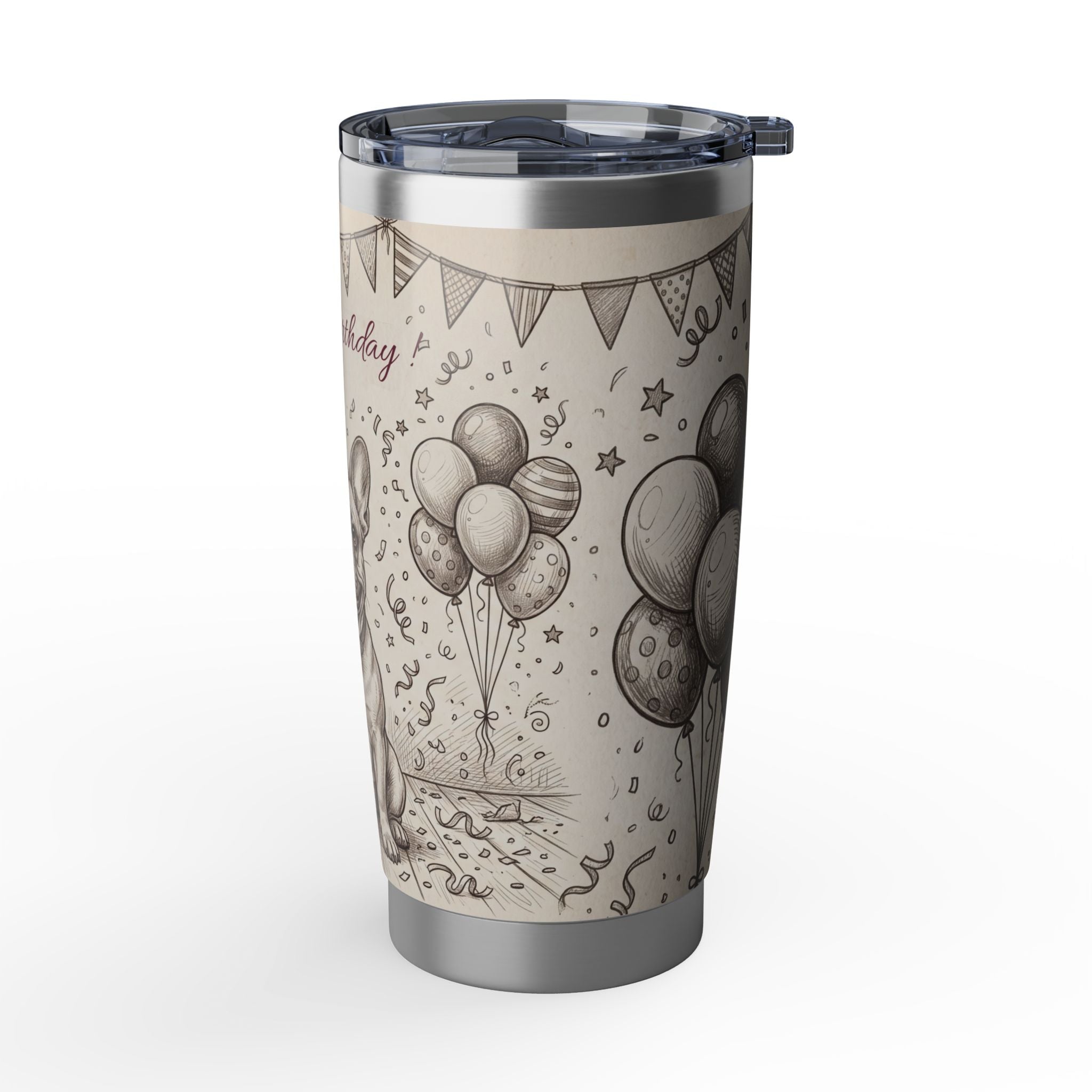Birthday Frenchie Stainless Tumbler — 20 oz Personalized Travel Mug with Party Design
