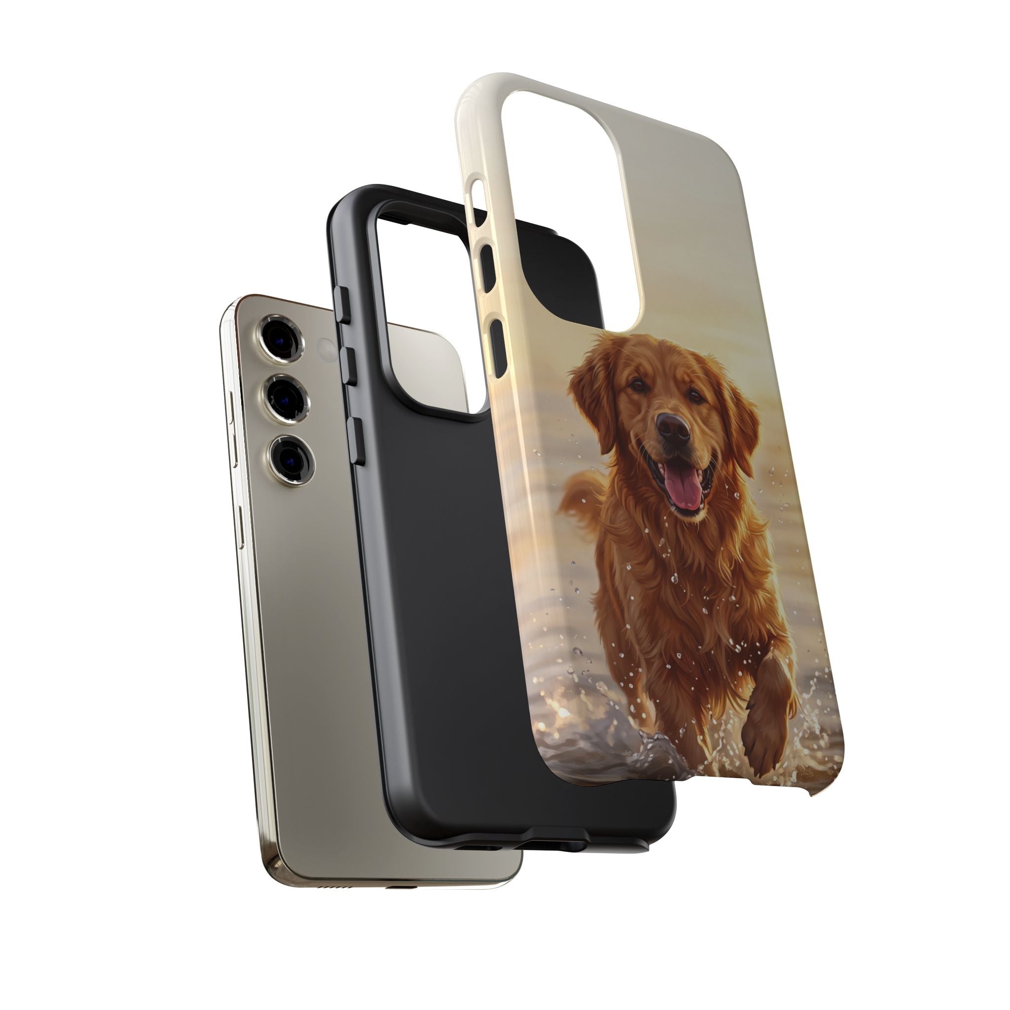 Golden Retriever Splashing in Water Phone Case | Joyful Dog at Golden Hour | iPhone & Samsung