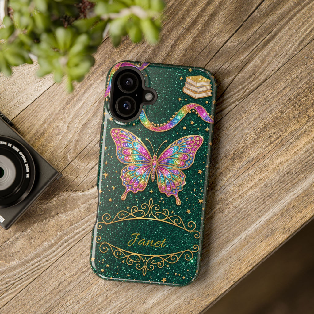 Rainbow Glitter Butterfly Personalized Teacher Phone Case — Wireless Charging Cover