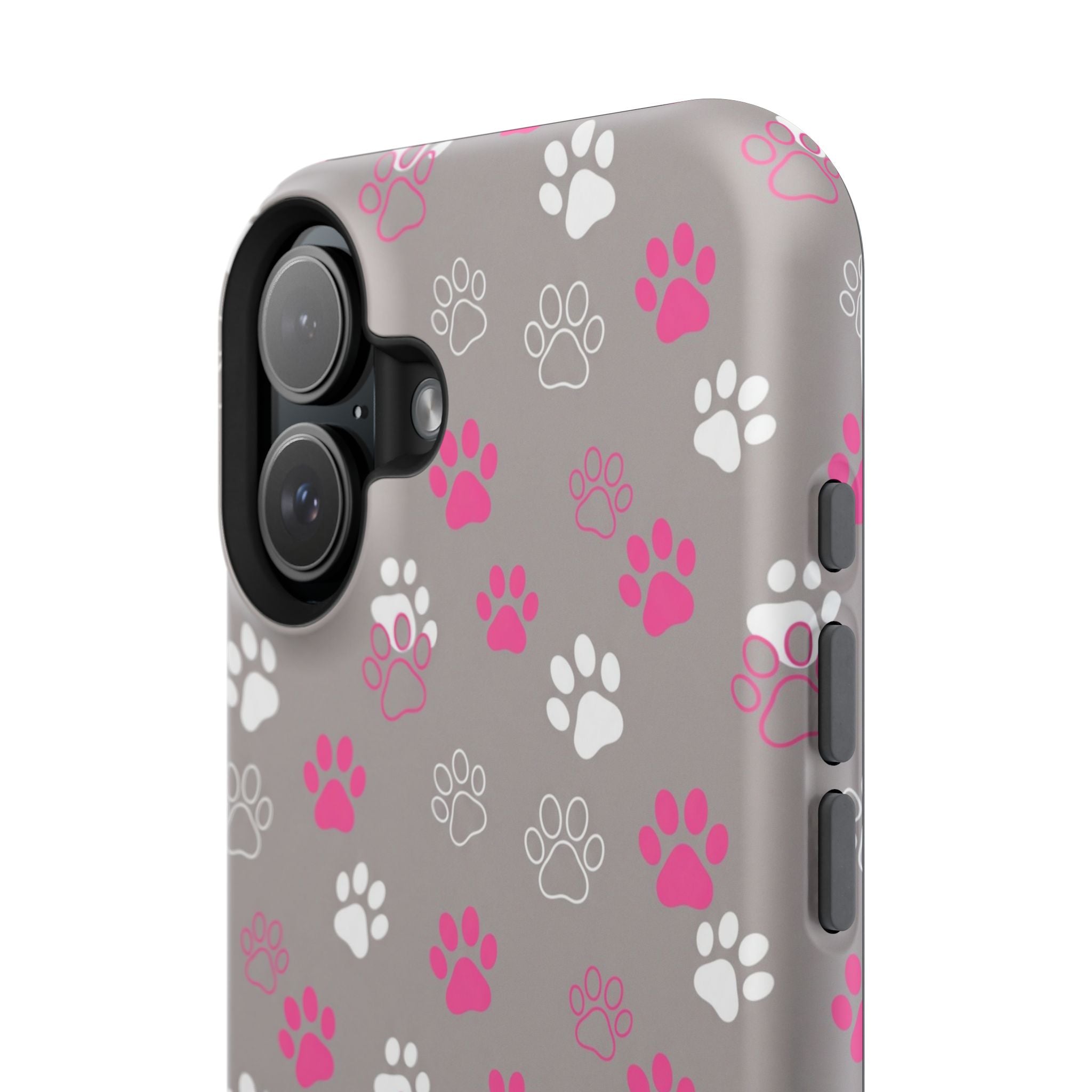 Pink & White Paw Print Phone Case — Impact-Resistant Wireless Charging Cover