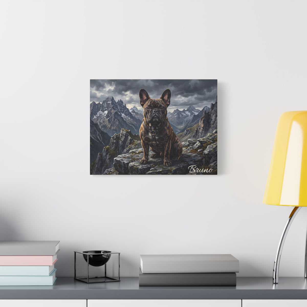 French Bulldog Personalized Canvas | Brindle Frenchie Mountain Summit Wall Art