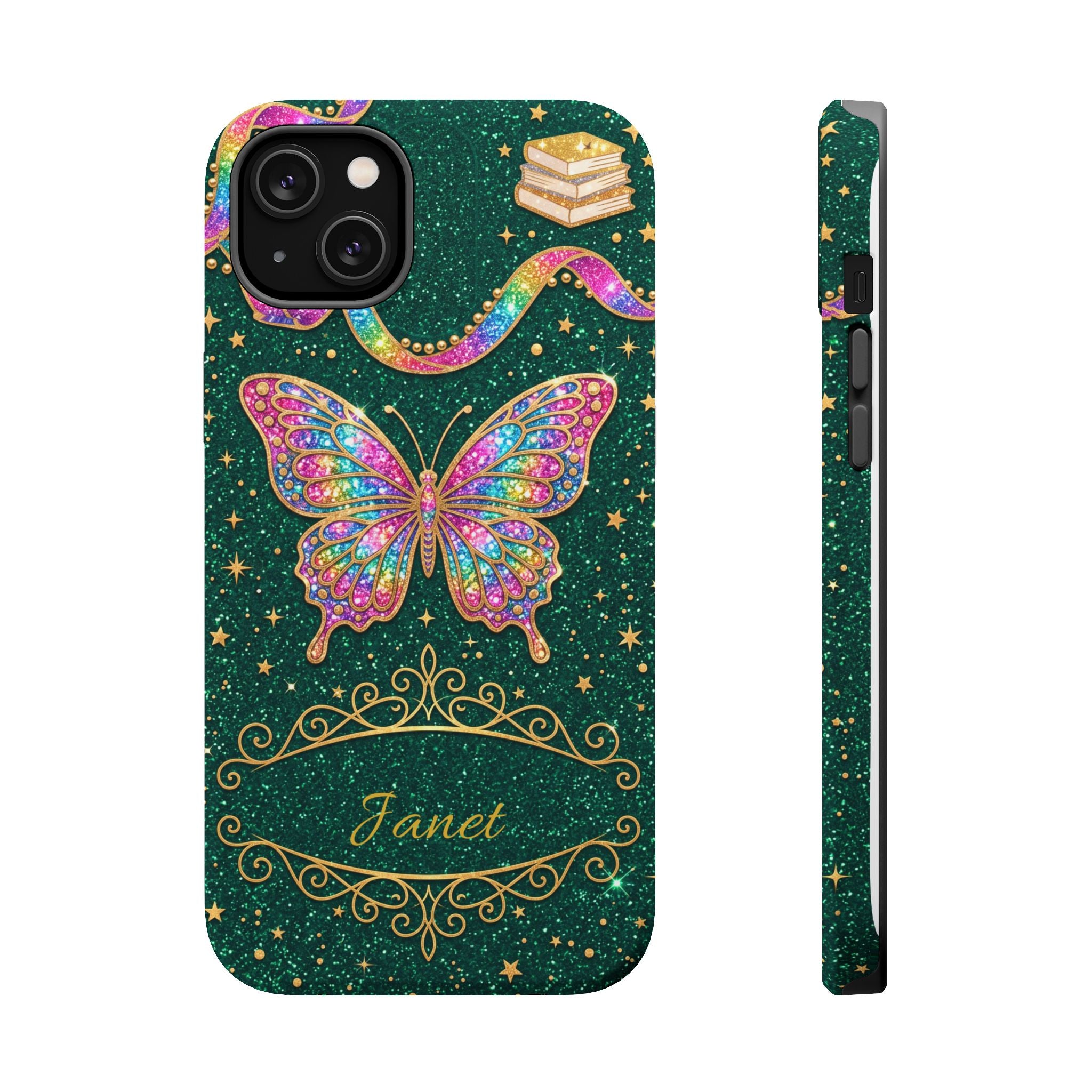 Rainbow Glitter Butterfly Personalized Teacher Phone Case — Wireless Charging Cover